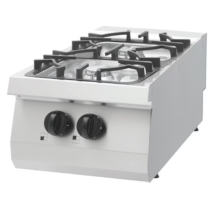 Table de cuisson gaz professionnelle 2 brûleurs avec supports en fonte lourde, brûleurs chromés, boîtier en acier inoxydable et sécurité gaz pour restaurant