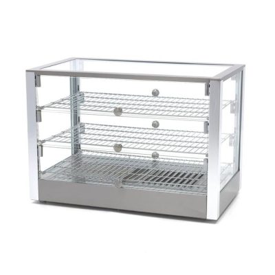 Vitrine chauffante professionnelle de 115 litres avec éclairage LED, structure en acier inoxydable et verre carré panoramique sur 70 cm pour présentation snacks chauds.