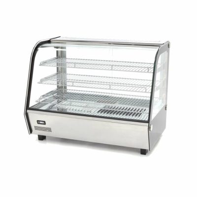 Vitrine chauffante de luxe de 160 litres avec façade incurvée, structure en acier inoxydable chromé, éclairage LED et trois étagères réglables pour pâtisserie.