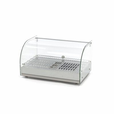 Vitrine chauffante professionnelle de 25 litres avec vitre incurvée en façade, structure en acier inoxydable et étagère chromée pour maintien au chaud de snacks.