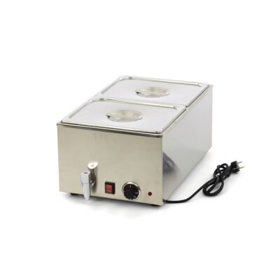 Bain-marie professionnel en acier inoxydable avec robinet de vidange, modèle de table de 8 kg avec deux bacs GN 1/2 et thermostat réglable pour un maintien au chaud polyvalent.