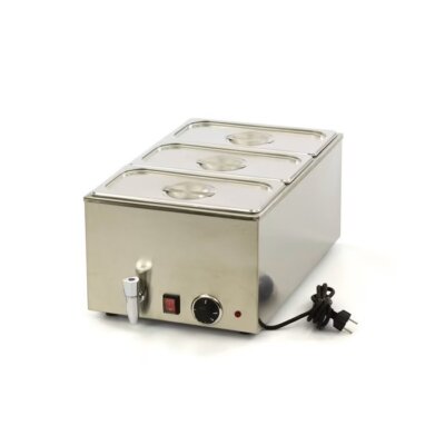 Bain-marie professionnel en acier inoxydable avec robinet de vidange, modèle de table de 8 kg avec trois bacs GN 1/3 et thermostat réglable pour un maintien au chaud polyvalent.
