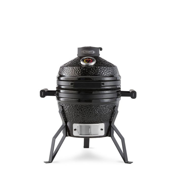 Barbecue Kamado Premium 28 cm en mullite noire ultra-compact avec thermomètre et châssis en acier pour restauration mobile