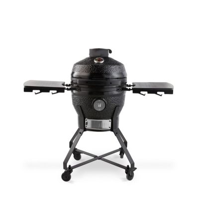 Barbecue Kamado Premium 39,5 cm en céramique noire avec châssis mobile sur roulettes et tables pliantes pour restauration nomade