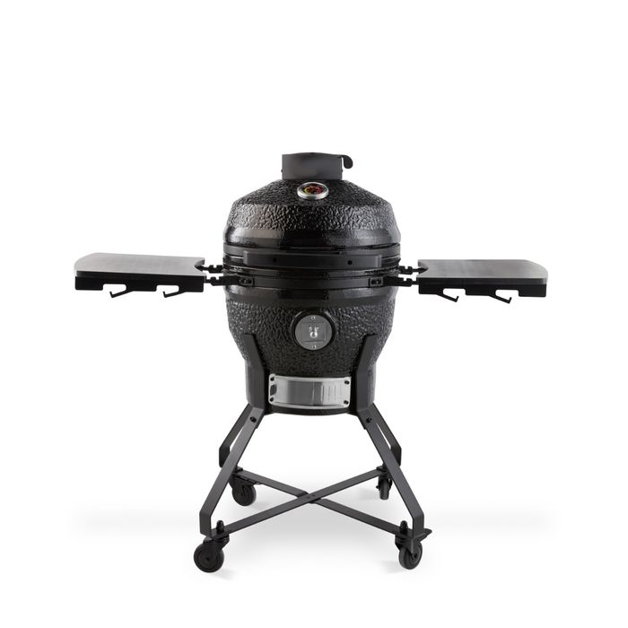 Barbecue Kamado Premium 39,5 cm en céramique noire avec châssis mobile sur roulettes et tables pliantes pour restauration nomade