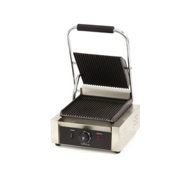 Contact grill professionnel compact en acier inoxydable avec plaques en fonte et bac de récupération des graisses pour snacks et bistrots