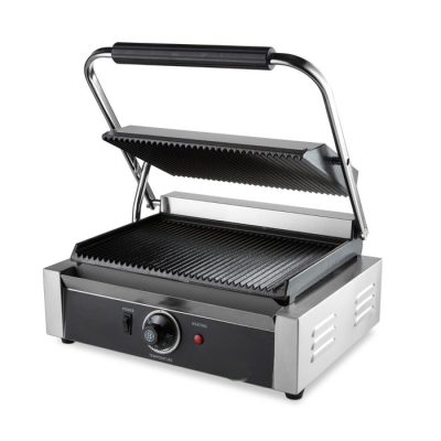 Contact grill panini professionnel en acier inoxydable avec plaques rainurées en fonte et bac de récupération pour restauration rapide