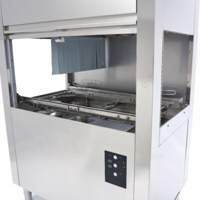 Lave-vaisselle à convoyeur professionnel sortie gauche 400V, machine de lavage à passage industriel 22kW, lave-vaisselle convoyeur inox 50x50 cm, robot plonge industrielle automatique sortie gauche.