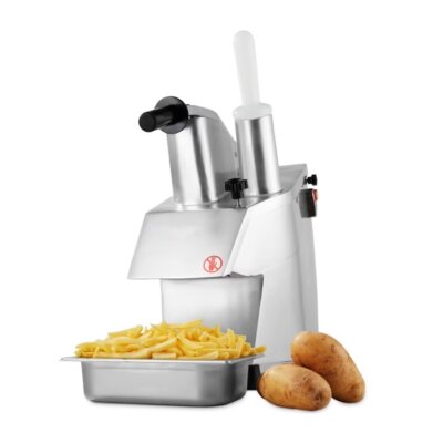 Coupe-légumes professionnel ergonomique, machine à couper les légumes 450kg/h 5 disques, trancheur de légumes industriel aluminium inox, matériel de cuisine professionnel 550W.