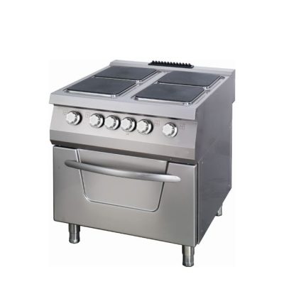 Cuisinière professionnelle électrique 4 plaques carrées avec four GN 2/1, puissance totale 22kW, 400V triphasé, thermostat 300°C, table de cuisson inox et isolation haute densité pour restaurant