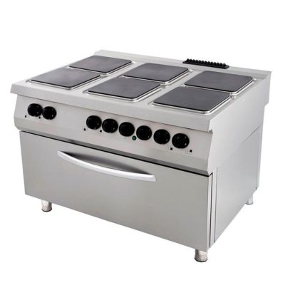 Cuisinière professionnelle électrique 6 plaques carrées avec grand four 9kW, puissance totale 33kW, 400V triphasé, thermostat 300°C, table de cuisson inox et isolation haute densité pour cuisine centrale