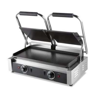 Double contact grill professionnel à plaques lisses en acier inoxydable avec thermostats indépendants et bac de récupération des graisses