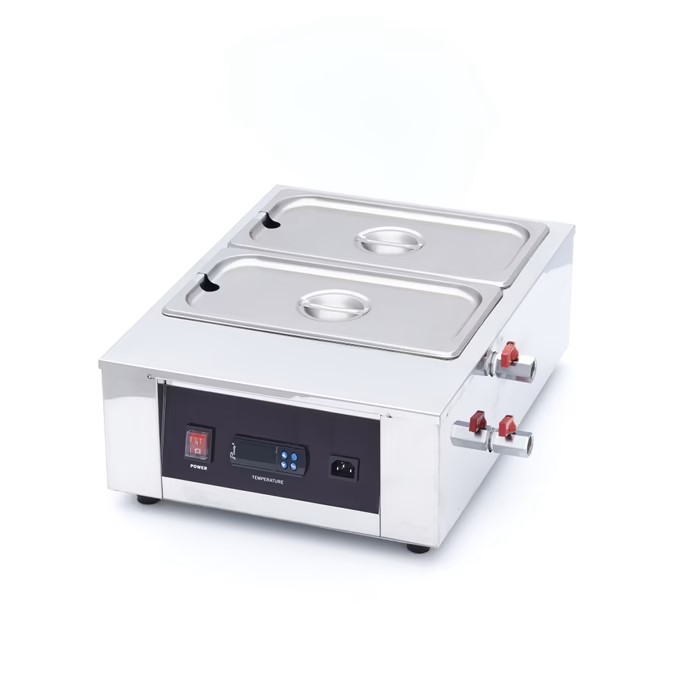 Fondoir à chocolat professionnel en acier inoxydable avec deux bacs Gastronorme $1/3$, thermostat variable de précision et évacuation d'eau pour usage intensif.