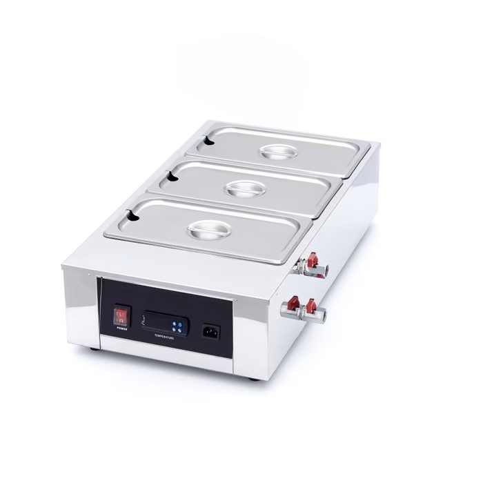 Fondoir à chocolat professionnel en acier inoxydable avec trois bacs Gastronorme $1/3$, thermostat variable 3-100°C et sortie d'eau pour maintien au chaud et tempérage.