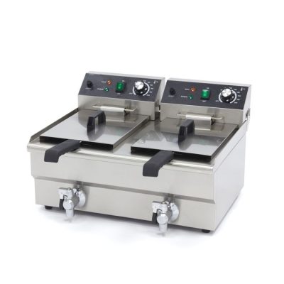 Friteuse électrique professionnelle 2 x 10 litres inox avec robinets de vidange et thermostats de précision 200°C