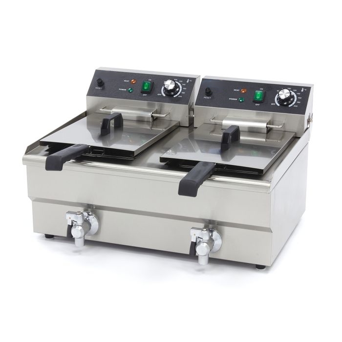 Friteuse électrique professionnelle 2 x 13 litres inox avec robinets de vidange et témoins de température
