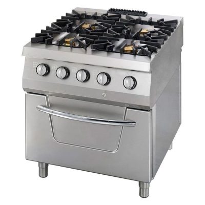 Gazinière professionnelle 4 brûleurs gaz avec four gaz statique, puissance totale 40kW, brûleurs 6kW et 10kW, châssis inox série 900 et sécurité thermocouple pour restaurant
