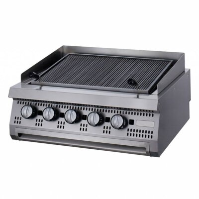 Gril 5 feux gaz professionnel type charbon de bois avec brûleurs en fonte, châssis acier inoxydable, grilles amovibles et sécurité thermocouple pour restaurant