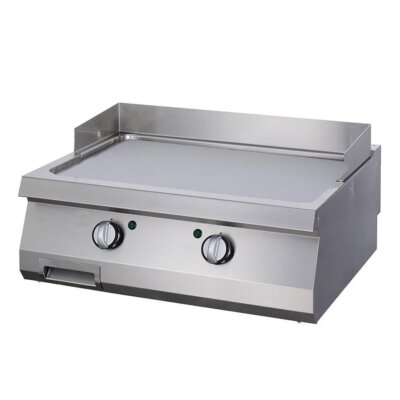 Grill professionnel lisse chrome double électrique 9kW avec plaque acier 15mm, boîtier acier inoxydable soudé, bac de récupération 1,5L et réduction de chaleur rayonnante