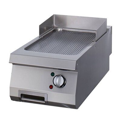 Grill professionnel rainuré chrome électrique 4,5kW avec plaque acier 15mm, boîtier acier inoxydable soudé, réduction de chaleur rayonnante et bac de récupération graisses