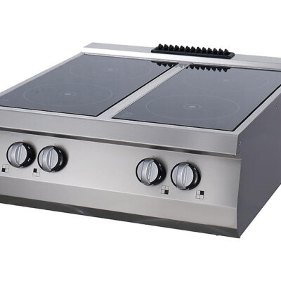 Cuisinière infrarouge professionnelle 4 brûleurs électrique avec plaque vitrocéramique 6mm, châssis inox monobloc, puissance 8,4kW et thermostat de sécurité pour restaurant