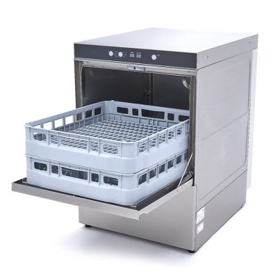 Lave-vaisselle sous plan professionnel 50x60 cm 400V, machine de lavage sous-comptoir inox 5600W, lave-vaisselle pro panier rectangulaire 50x60, plonge inox triphasée compacte.