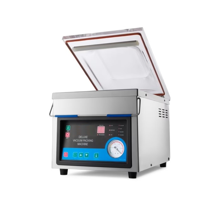 Machine à emballer sous vide compacte professionnelle 26cm, emballeuse sous vide de table avec pompe 10m3, machine à emballer sous vide inox 35kg, scelleuse sous vide pro pour sacs lisses.