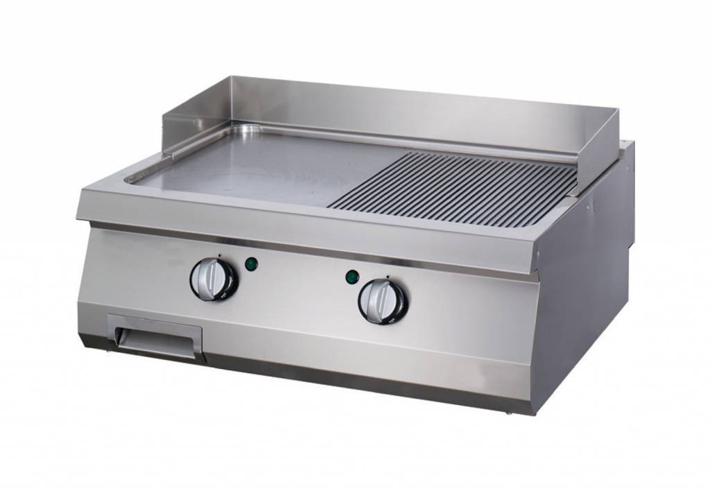 Plancha mixte gaz professionnelle avec surface lisse et rainurée, plaque en acier inoxydable trempé de 15mm, bac de récupération et sécurité thermocouple pour cuisine pro