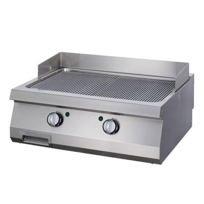 Plancha chrome professionnelle à double rainure électrique 9kW avec boîtier inox, 2 zones de chauffe indépendantes, sécurité thermique et finition satinée pour restaurant