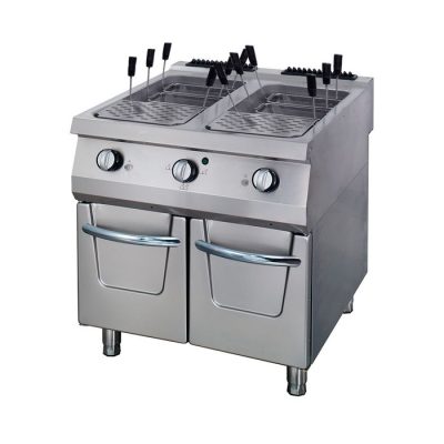 Cuiseur de pâtes professionnel gaz Premium 2 x 40 litres, puissance 36kW, double cuve inox avec placard, système de vidange rapide et injecteurs gaz naturel/GPL pour restaurant