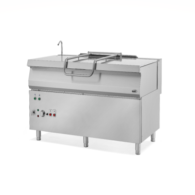 Sauteuse professionnelle électrique 165 litres série 900, puissance 21kW, fond en acier inoxydable 8mm, température 120-300°C, 400V triphasé, électrovanne et couvercle à charnière pour cuisine centrale