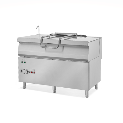 Sauteuse professionnelle basculante à gaz 205 litres avec cuve inox fond 8mm, brûleurs gaz 44kW, électrovanne eau chaude/froide et thermostats de sécurité pour collectivité