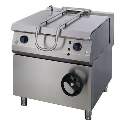 Sauteuse professionnelle électrique 90 litres série 900, puissance 12kW, fond en acier inoxydable 8mm, température 120-300°C, 400V triphasé, électrovanne et couvercle à charnière pour restaurant