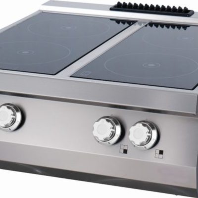 Table de cuisson vitrocéramique professionnelle 4 feux série 900, puissance totale 12,0kW, 400V triphasé, foyers 30cm, table de cuisson vitrocéramique et acier inoxydable pour restaurant