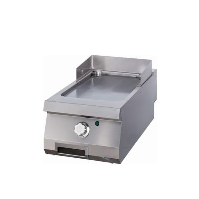 Plaque de gril professionnelle lisse chromée série 900, puissance 6,0kW, 400V triphasé, thermostat 300°C, table de cuisson chrome et inox pour restaurant