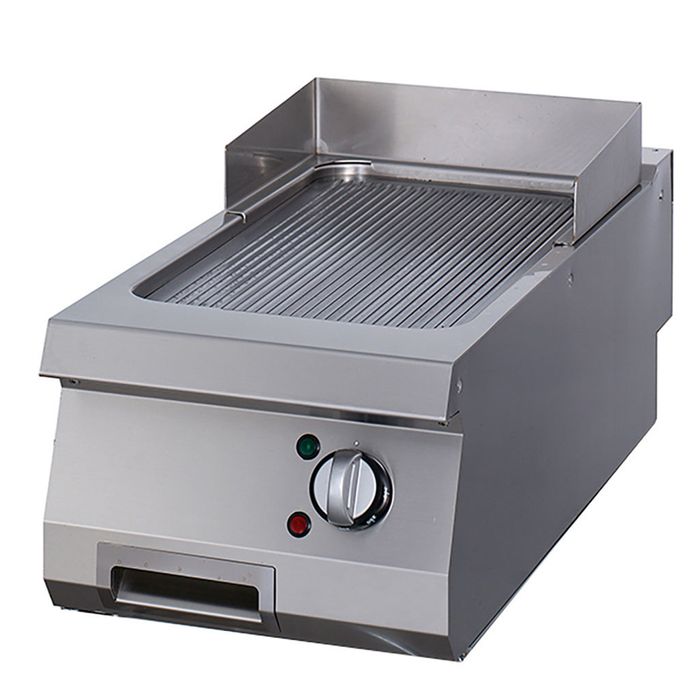 Plaque de gril professionnelle rainurée chrome série 900, puissance 6,0kW, 400V triphasé, thermostat 300°C, table de cuisson chrome et acier inoxydable pour restaurant