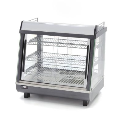 Vitrine chauffante professionnelle de 96 litres en acier inoxydable avec doubles portes coulissantes, éclairage LED interne et affichage digital de température sur 67 cm.