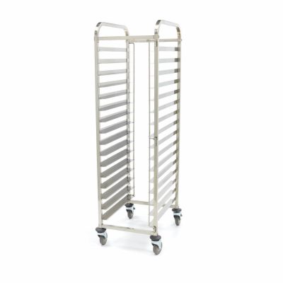Chariot de boulangerie inox 16 niveaux 60x40 cm professionnel, échelle de pâtisserie inox pieds carrés robuste 20kg, chariot de stockage boulangerie 16 plaques, matériel fournil inox avec roues et poignée.