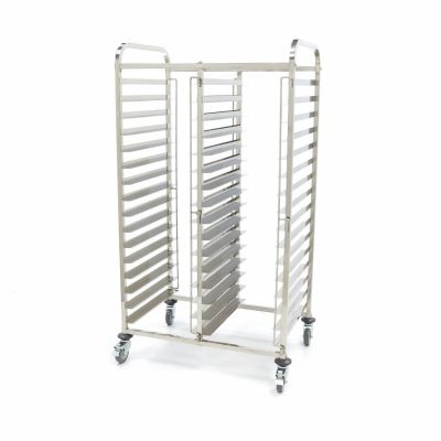Chariot de boulangerie inox 32 niveaux 60x40 cm professionnel, échelle de pâtisserie inox pieds carrés robuste, chariot de stockage boulangerie 32 plaques, matériel fournil inox avec roues et freins.