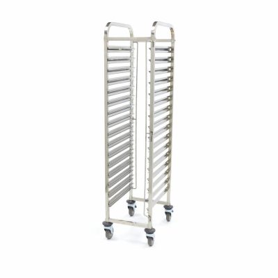 Chariot à plateaux Gastronorm 16 niveaux GN 1/1 professionnel, échelle de transport inox pour bacs GN 1/1, chariot de stockage cuisine pro pieds carrés robuste, matériel logistique inox 16 glissières GN 1/1.
