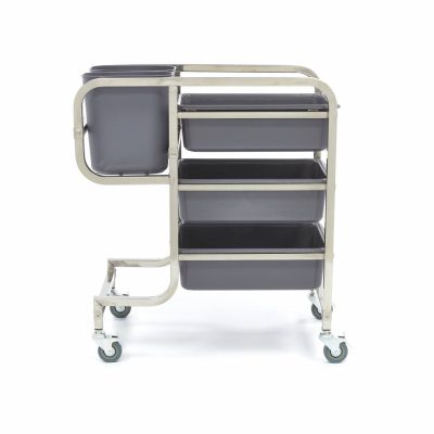 Chariot de nettoyage inox 5 bacs amovibles professionnel, chariot débarrassage restaurant avec bacs de tri, matériel plonge inox mobile 5 compartiments, chariot de tri sélectif pro châssis double soudure.