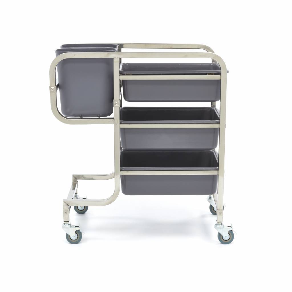 Chariot de nettoyage inox 5 bacs amovibles professionnel, chariot débarrassage restaurant avec bacs de tri, matériel plonge inox mobile 5 compartiments, chariot de tri sélectif pro châssis double soudure.