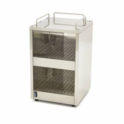 Chauffe-tasses professionnel en acier inoxydable pour 72 tasses, modèle compact de 11,5 kg avec deux étages et chauffage constant 65°C pour une dégustation optimale.