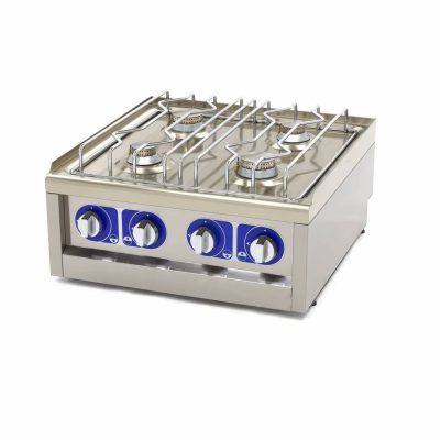 Table de cuisson professionnelle 4 brûleurs à gaz avec injecteurs gaz naturel et GPL, châssis en acier inoxydable pour restauration