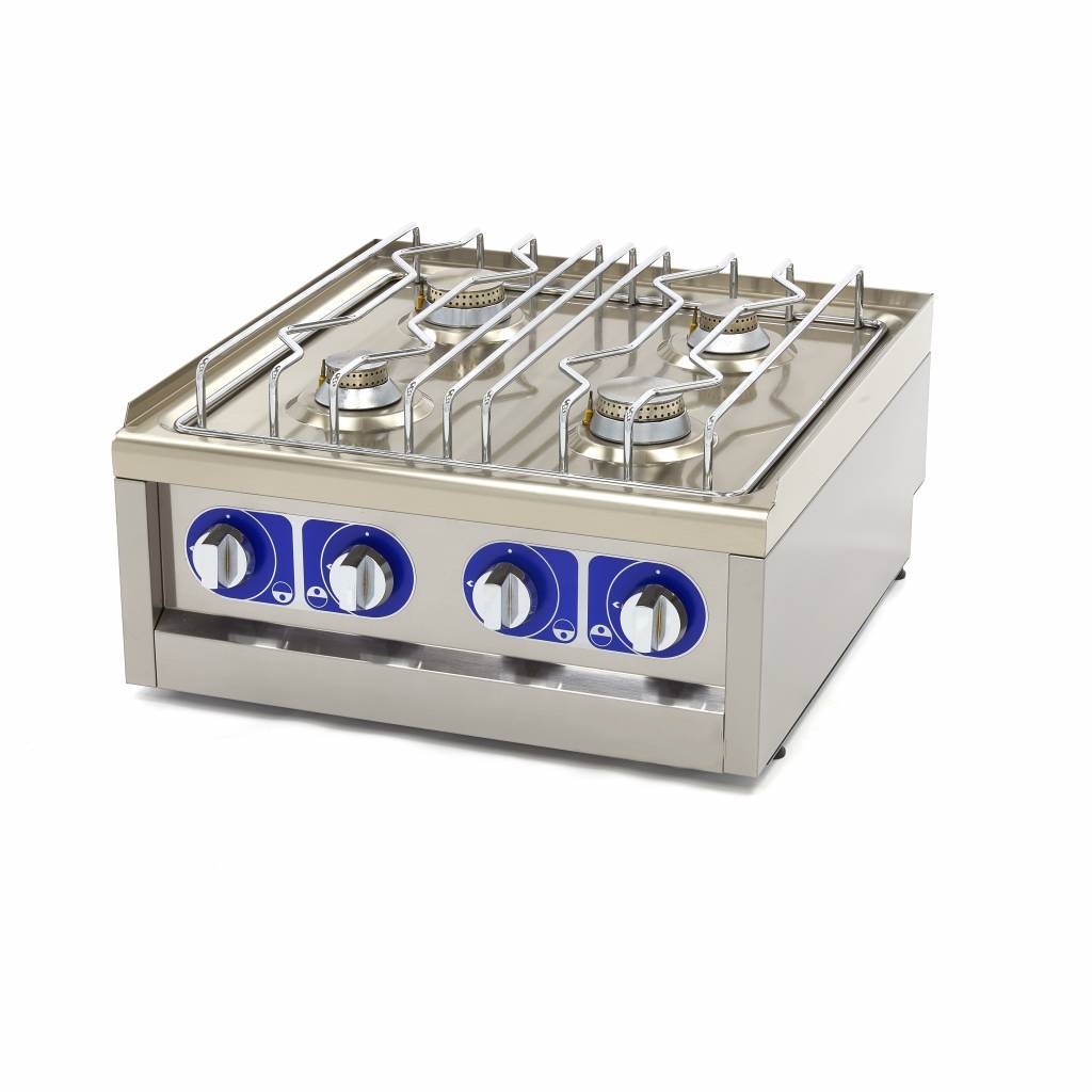 Table de cuisson professionnelle 4 brûleurs à gaz avec injecteurs gaz naturel et GPL, châssis en acier inoxydable pour restauration