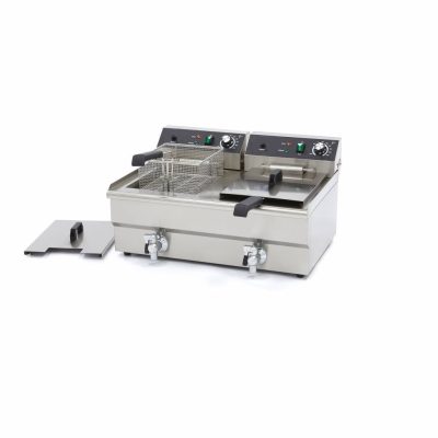 Friteuse électrique professionnelle 2 x 16 litres inox avec robinets de vidange et thermostats de précision