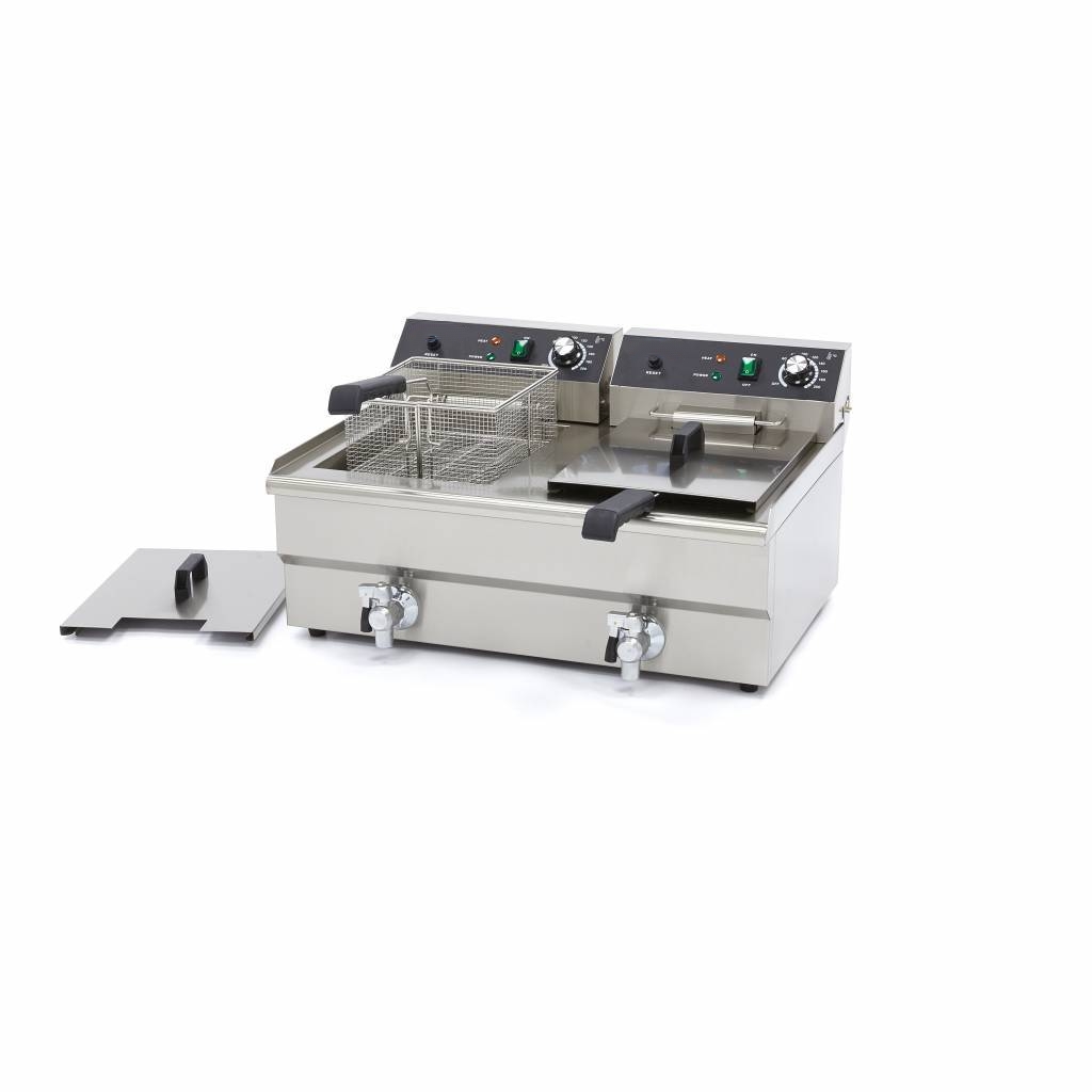 Friteuse électrique professionnelle 2 x 16 litres inox avec robinets de vidange et thermostats de précision