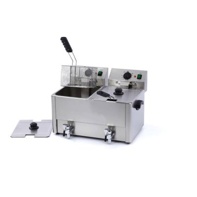 Friteuse électrique professionnelle 2 x 8 litres inox avec robinets de vidange et thermostats de précision