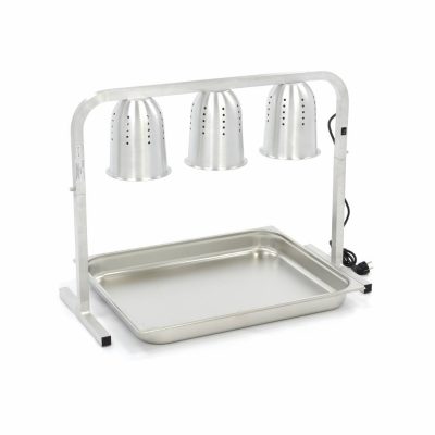 Lampe chauffante triple professionnelle en aluminium ventilé, modèle de 4 kg avec trois ampoules de 275W et un bac Gastronorme 2/1 inclus pour maintien au chaud au passe.