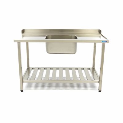 Table d'entrée lave-vaisselle avec évier inox professionnel 120 cm, table de prélavage inox avec bac central 50x40, module entrée lave-vaisselle capot avec étagère basse, table inox plonge avec dosseret anti-inondation.